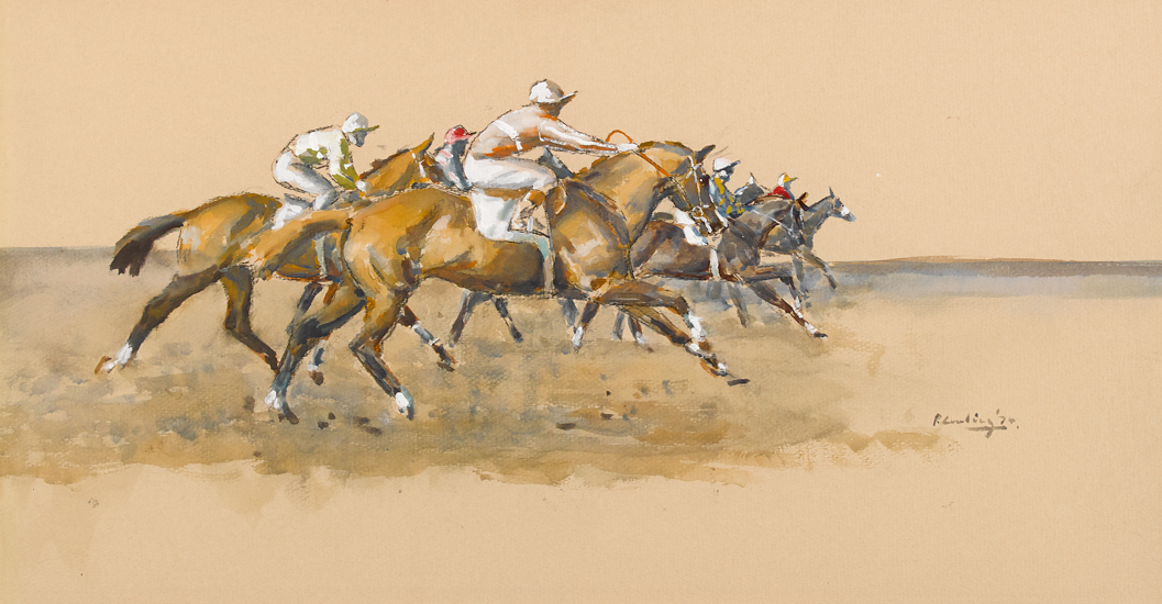 Peter Curling (b.1955) HORSES RACING, 1970 gouache signed and dated lower right 10.75 by 20.75in. (