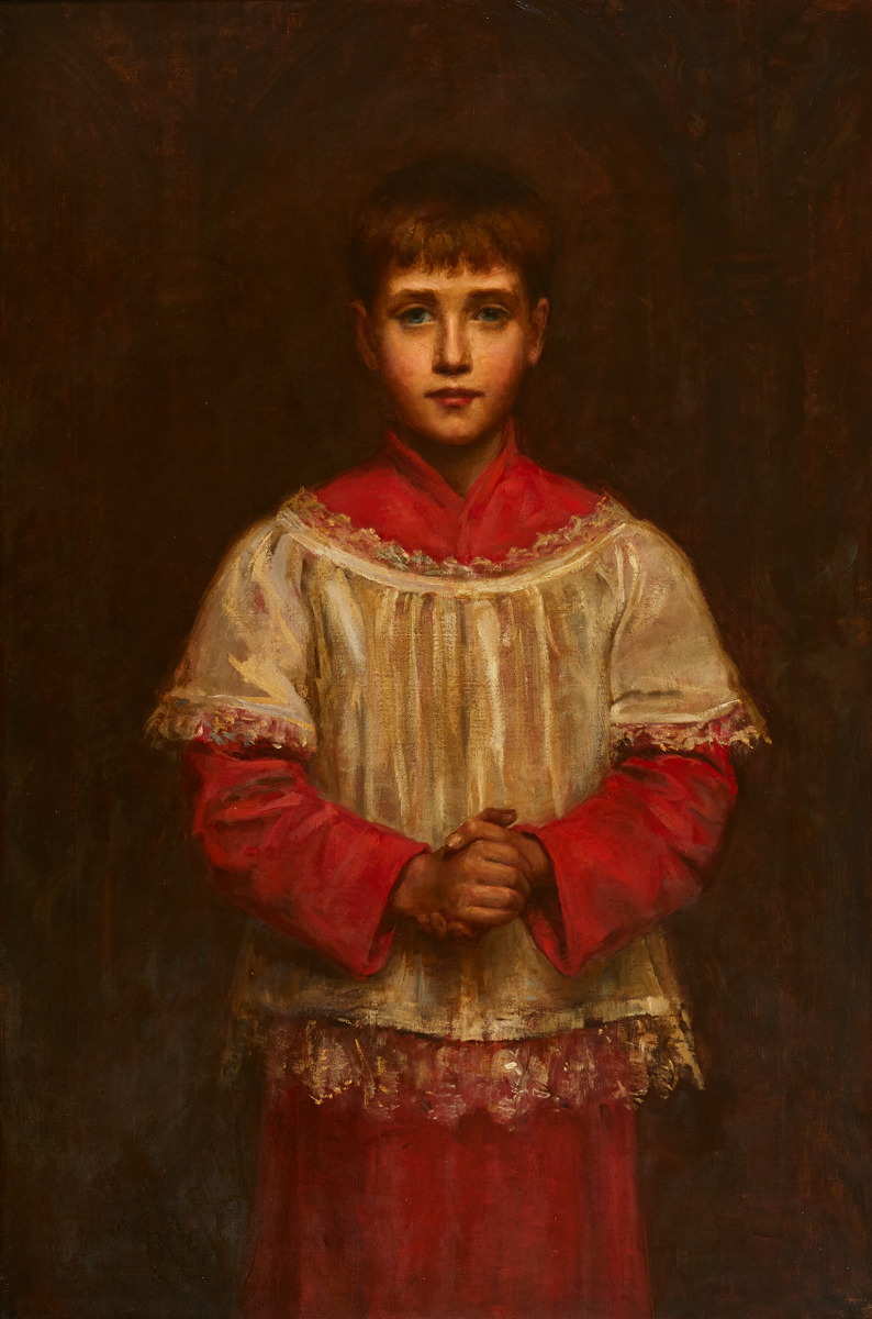 Sarah Henrietta Purser HRHA (1848-1943) THEOCRITE [THE LITTLE ACOLYTE] 1886 oil on canvas titled [