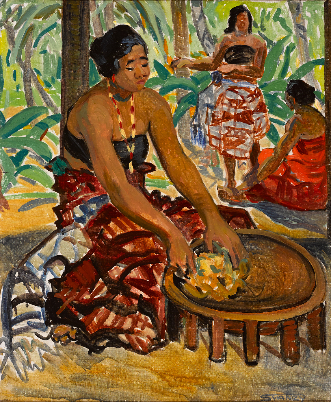Mary Swanzy HRHA (1882-1978) PREPARING THE MEAL, SAMOA, c. 1919-25 oil on canvas signed lower right,