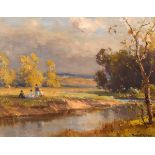 Frank McKelvey RHA RUA (1895-1974) PICNIC BY THE LAGAN oil on canvas signed lower right 16 by