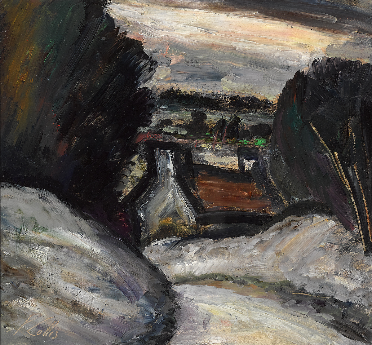 Peter Collis RHA (1929-2012) SNOW IN MEATH oil on board signed lower left; with artist's studio