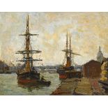 Robert S. Shore RHA (1868-1931) VESSELS ON THE RIVER LIFFEY, DUBLIN oil on board signed lower right;