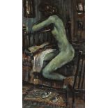 George Campbell RHA (1917-1979) SEATED NUDE IN A BEDROOM oil on board signed lower left 14 by 8.