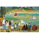Markey Robinson (1918-1999) CHILDREN WITH SAILBOATS BY A POND gouache signed lower left 20 by