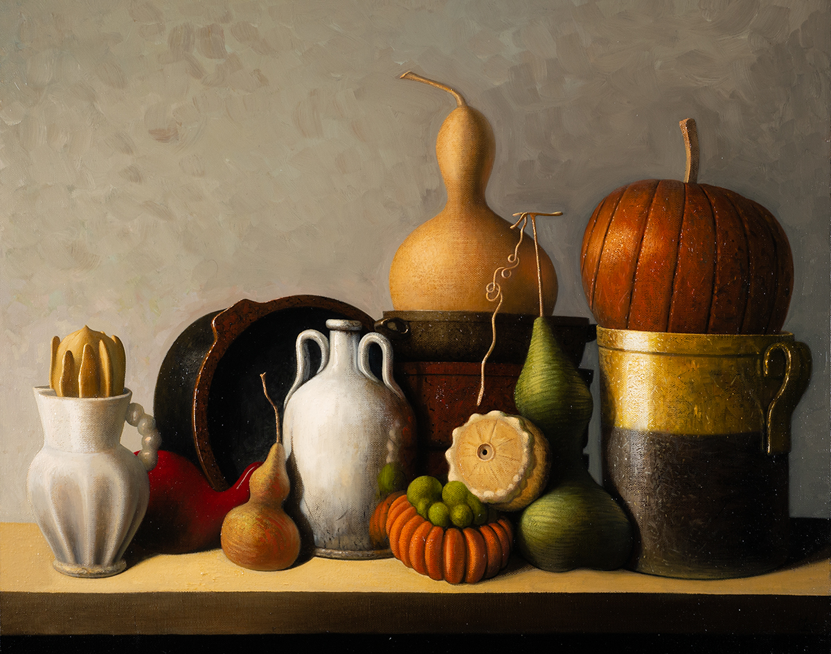 Stuart Morle (b.1960) STILL LIFE WITH TERRACOTTA OBJECTS AND GOURDS, 2020 oil on canvas laid on