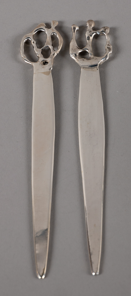 Pádraig Ó Mathúna (1925-2019) IRISH SILVER KNIVES 2016 (2) Two different figurative handles,