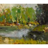 Liam Treacy (1934-2004) SALMON POOL ON THE AVONMORE RIVER, COUNTY WICKLOW oil on canvas signed lower