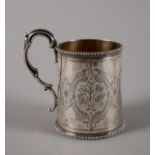 Victorian silver christening mug. Engraved decorations, gilded interior. Hallmarked Sheffield, for
