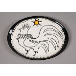 John Ffrench (1928 - 2010) COCKEREL AND SUN hand-painted ceramic oval plate inscribed on reverse but