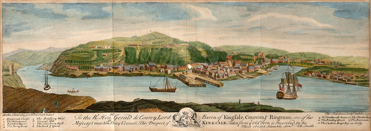 1750 coloured engraving of "Kingsale"by Anthony Chearnley and Thomas Chambers, Dublin. Dedicated "To