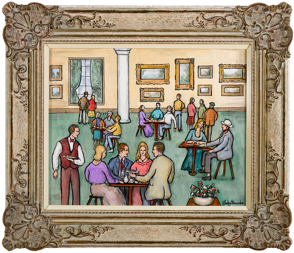 Gladys Maccabe MBE HRUA ROI FRSA (1918-2018) HOTEL COFFEE LOUNGE oil on board signed lower right; - Image 2 of 5