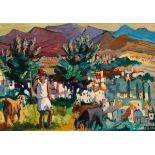 Michael O'Neill (b.1930) FIGURE WITH GOATS IN A MOUNTAINOUS LANDSCAPE oil on board signed lower