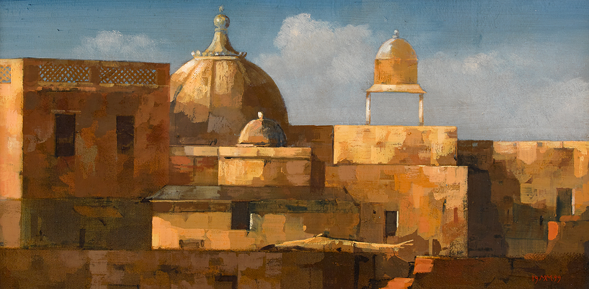 Martin Mooney (b.1960) UDAIPUR ROOFTOPS [INDIA] 1999 oil on board signed with initials and dated