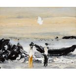 Simon Corballis ABOUT TO LAUNCH THE CURRACH, 2008 oil on canvas board signed and dated lower