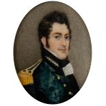 19th Century English School PORTRAIT OF JAMES THOMAS DAVIS ESQ., ROYAL ARTILLERY miniature; (oval)