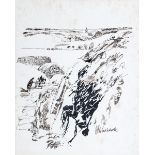 Jack Cudworth (1930-2010) LANDSCAPE WITH FIGURES AND CART ink signed lower right 10.25 by 8.25in. (