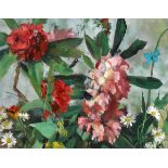 Sarah le Jeune (b.1955) RHODODENDRONS oil on board signed lower left; signed, titled and with copy