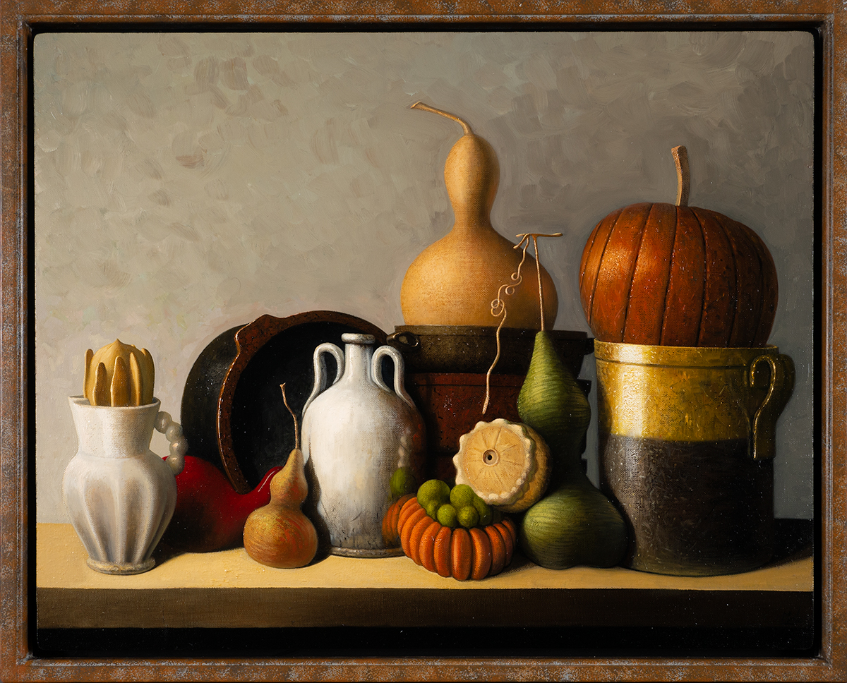 Stuart Morle (b.1960) STILL LIFE WITH TERRACOTTA OBJECTS AND GOURDS, 2020 oil on canvas laid on - Image 2 of 3