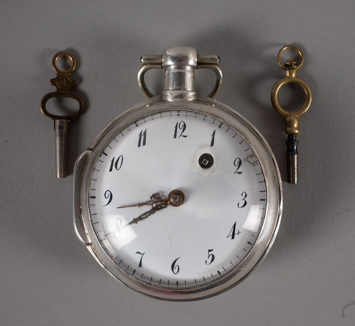 Silver pocket watch by Jean Louis Chopard Verge escapement, bullseye glass, enamel dial, arabic