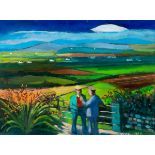 Michael O'Neill (b.1930) CONVERSING FIGURES IN A RURAL LANDSCAPE oil on board signed lower right
