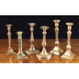 A Group of Six Candlesticks: A pair of late 18th century sticks with tapered & knopped stems above