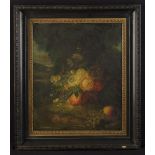 A 19th Century Still Life Painting of flowers and fruit set in landscape, 44 cm x 37 cm (17" x 14"),