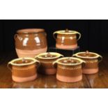 A Set of Five Slip-ware Lidded Twin-handled Crock Pots by John Hudson: The dished lids with spoon