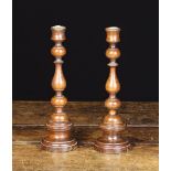 A Pair of Small Turned Treen Taper/Candleticks with baluster,