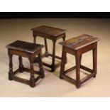 Three Oak Joint Stools: One 18th Century stool with stepped edge moulding to the top on a joined