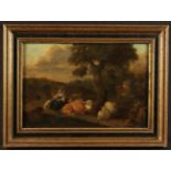 An 18th Century Oil on Panel depicting a shepherdess with dog,
