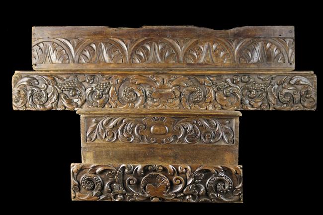 A Group of Carved Fragment Panels: Two Sections of 17th Century Oak Frieze Rails relief carved with