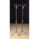 A Pair of 18th Century Style Wrought Iron Floor Standard Twin-socket Candle Holders.