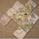 A Set of Nine 16th/17th Century Maiolica Tiles forming a landscape scene with tree,