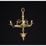 A Small & Unusual Bronze Hanging Lamp with three scrolling candle arms slotting into discoid