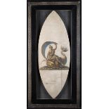 A 17th Century Painted Navette Shaped Panel depicting a classical nymph holding a billowing sail,