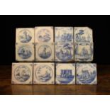 Twelve Early 18th Century Blue & White Delft Tiles painted with figural scenes in roundels and