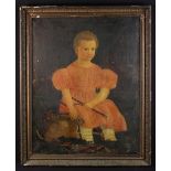 A 19th Century Folk Art Portrait: Oil on Canvas naively painted with a full length girl holding a