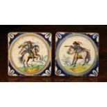 A Pair of Large 17th Century Style Delft Polychrome Tiles decorated with horsemen in scenic