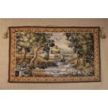 A Machine Made Tapestry Wall Hanging depicting a park landscape with birds on lake flanked by trees