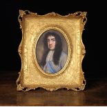 A 19th Century Oval Watercolour Portrait: Head & Shoulders of King Charles II,