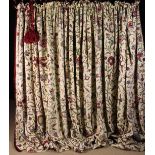 Four Lined & Interlined Crewel-work Curtains embroidered in coloured wools with undulating stems of