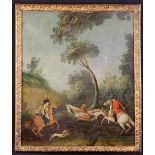 An 18th Century Oil on Canvas; Stag hunting scene, 65 cm x 54 cm (25½" x 21¼"),