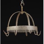 A Small 18th/19th Century Wrought Iron Pendant Game Hanger with eight hooks attached to a hoop on