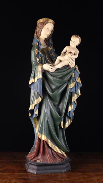 A 19th Century German Polychromed Wood Carving of The Virgin & Child in the Medieval Style.