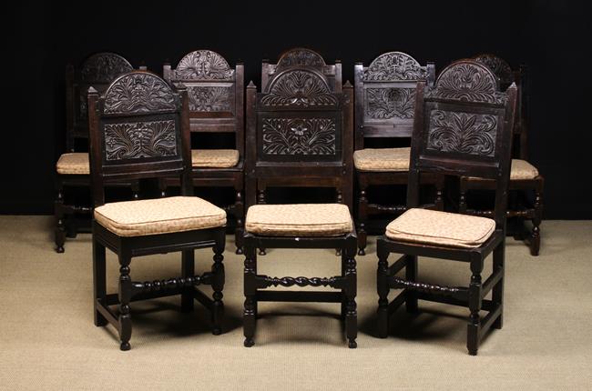 A Good Harlequin Set of Eight Late 17th/Early 18th century Joined Oak Backstools attributed to