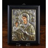 A Modern Greek Orthodox Icon hand-painted with a depiction of Madonna & Child and having an