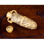 A Fine Late 18th/Early 19th Century Engraved Ivory Flask with cover and carrying handles with rings,