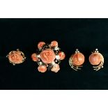 A Gold, Coral & Diamond Brooch, Ring & Earrings.