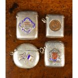 Four Silver Vesta Cases: Three with enamelled badges and Birmingham hallmarks for 1905,