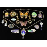 A Collection of Enamelled Vintage Jewellery; eight on silver including a butterfly brooch,